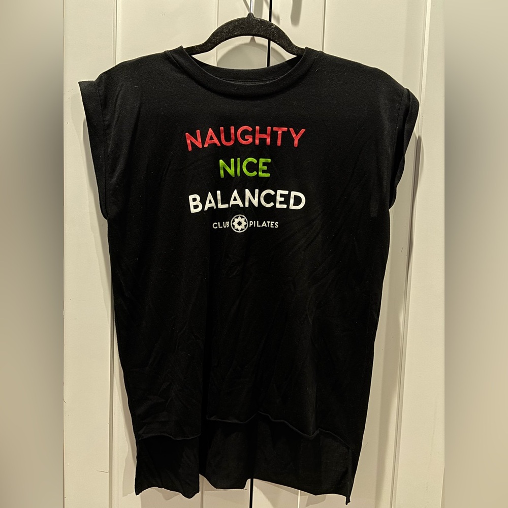 Club Pilates Naughty Nice Balanced Holiday Graphic Tee – Black, Size Small